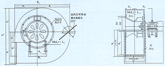 玻璃鋼離心風(fēng)機(jī)外形及安裝尺寸